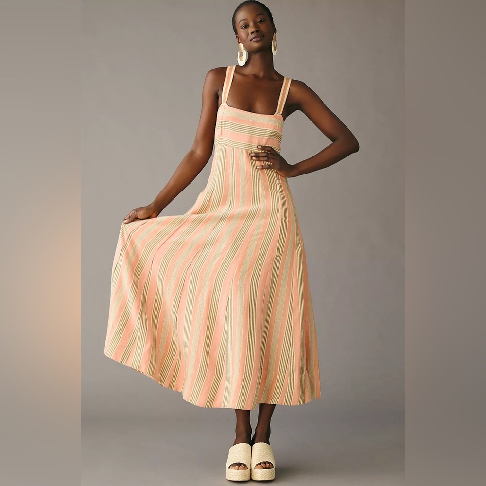 Maeve Anthropologie square neck tie back striped summer dress A line size 10